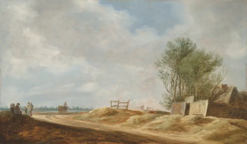 Landscape with a cottage and travelers on an open road, oil painting by Jan van Goyen