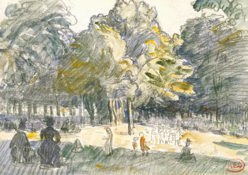 Study for ‘Le Ranelagh’ by Henri-Edmond Cross, oil painting depicting a vibrant landscape with figures.