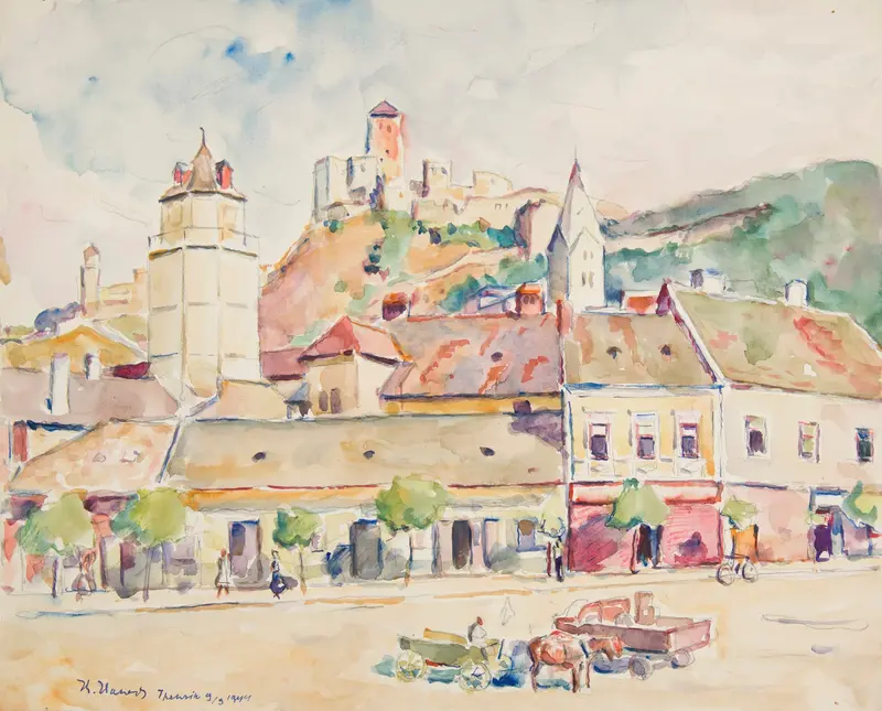 Landscape oil painting by Ivan Ivanec depicting a city and castle on a hill