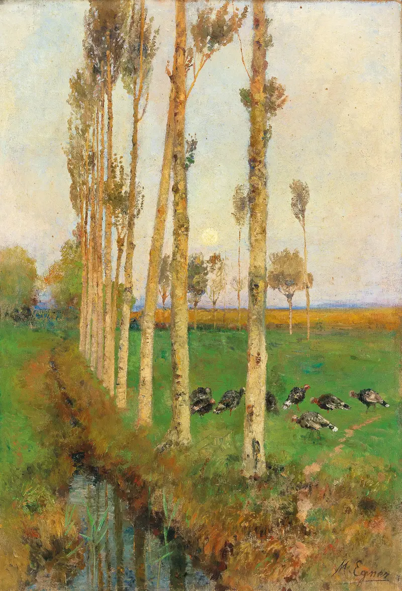 A poplar-lined avenue with turkeys, oil on canvas by Marie Egner