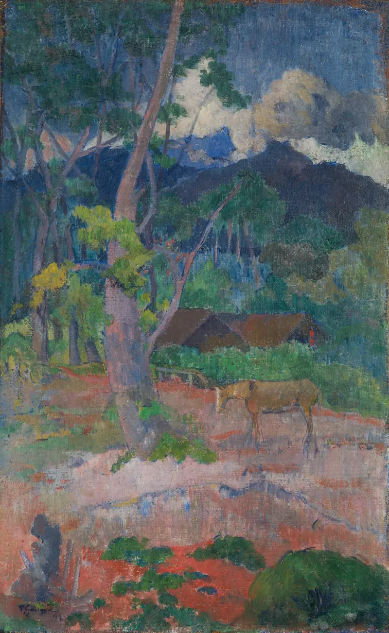 Landscape with a Horse by Paul Gauguin, oil on canvas featuring a horse in a lush green landscape.