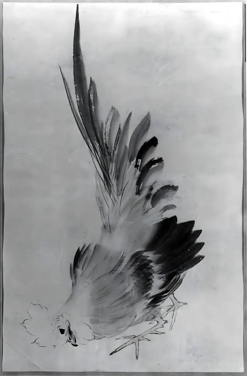 A striking depiction of a rooster mid-strut, showcasing intricate details and dynamic movement.