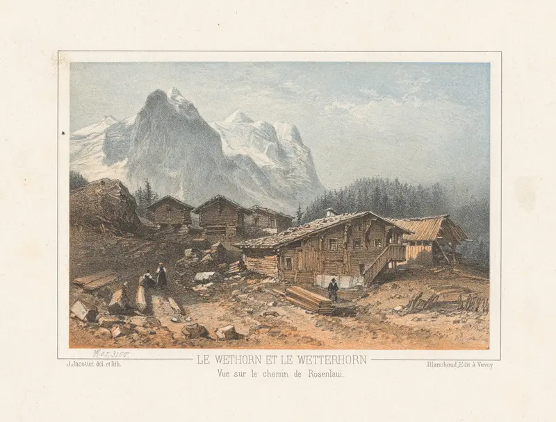 Landscape oil painting by Jean Jacottet depicting mountains and sunlight.