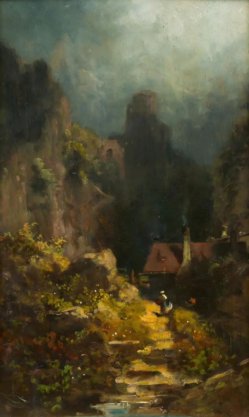 Landscape with a house and hills, oil painting by Carl Spitzweg