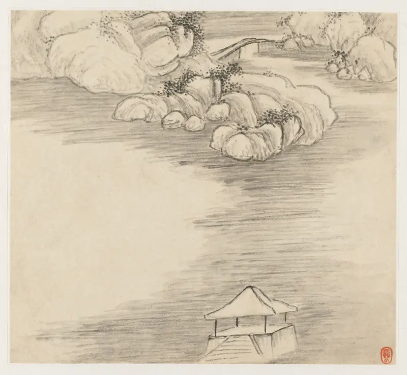 Landscape with hills and azure sky, ink on paper by Wang Gai