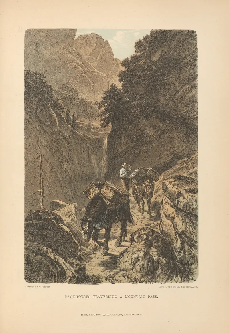 Packhorses traversing a mountain pass, oil on canvas by Theodor Gsell Fels