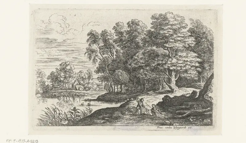 Landschap met twee herdersjongens etching by Lucas van Uden depicting two shepherd boys in a serene landscape.