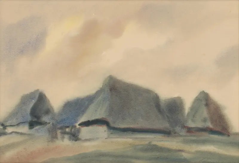 Post-Impressionism landscape by Zolo Palugyay, featuring azure houses and ochre earth