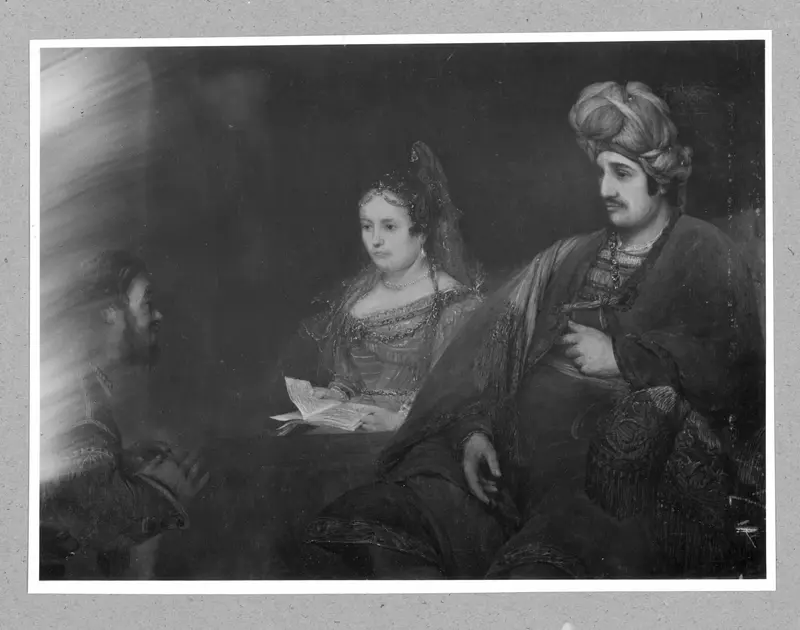 A woman holding a letter stands between two men, one in a turban and the other in shadows, creating a tense atmosphere.