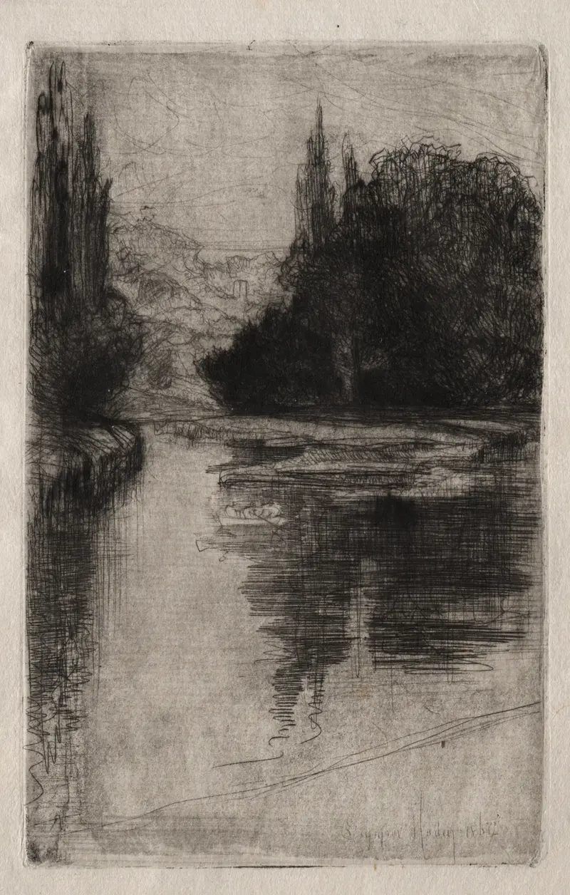 Evening by Francis Seymour Haden, depicting a tranquil landscape at twilight, etching