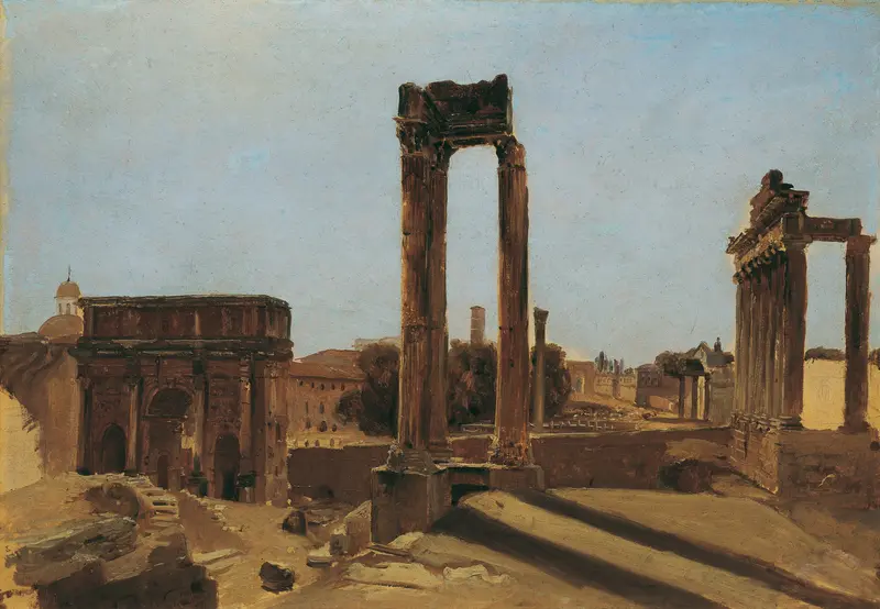 Das Forum Romanum by Carl Blechen, oil painting of ancient ruins illuminated by sunlight.