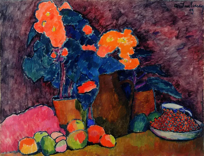 A vibrant still life featuring flowers in molten orange, a blue jug, and scattered fruit against a violet background.