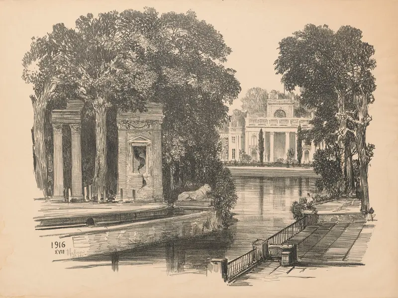 View of the Łazienki Palace from the amphitheatre, oil painting by Feliks Jabłczyński