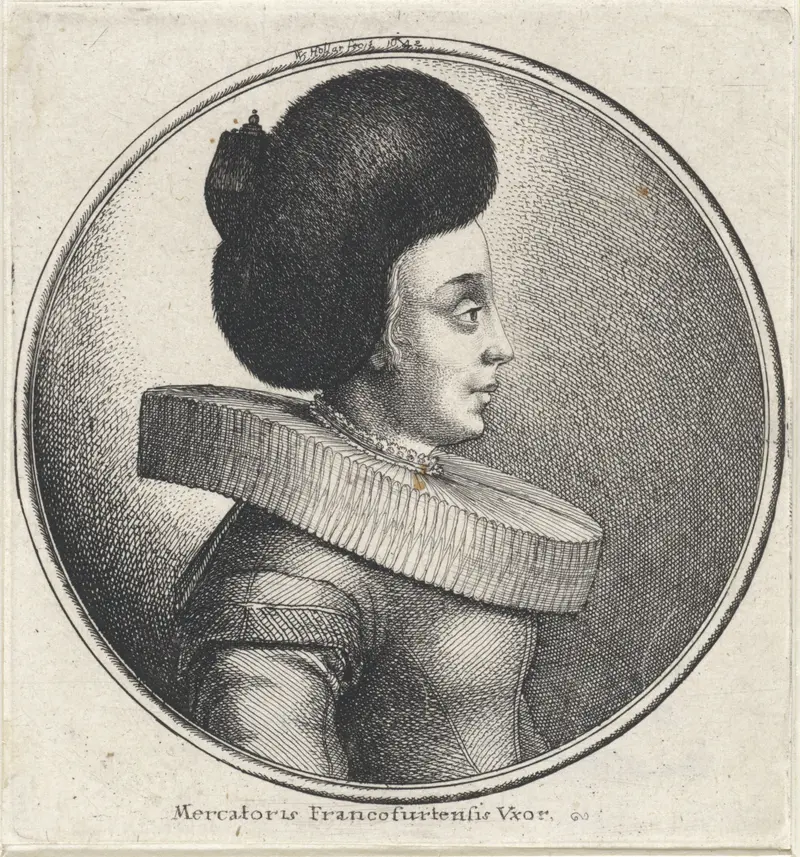 Etching of a woman in profile wearing a fur hat and pleated collar by Wenceslaus Hollar