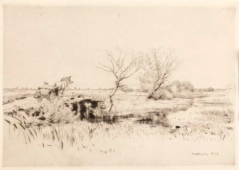 Pińsk Channel in Polesie I by Józef Pankiewicz, oil on canvas depicting a tranquil river scene.