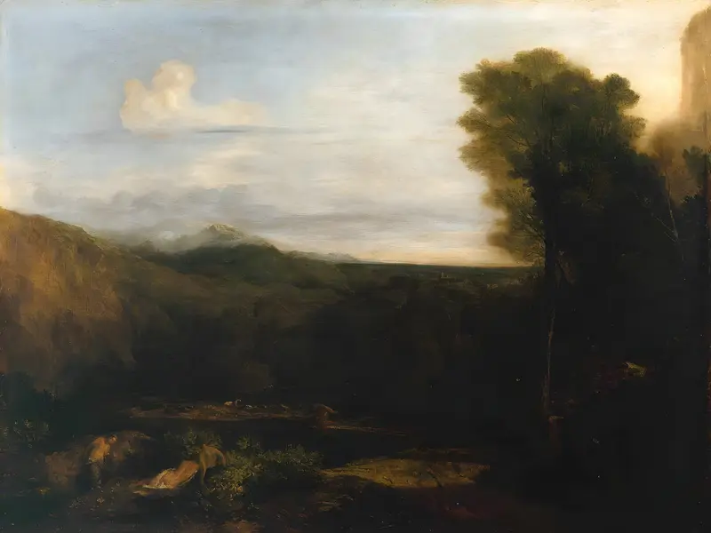 A depiction of Narcissus gazing at his reflection while Echo watches from the shadows.