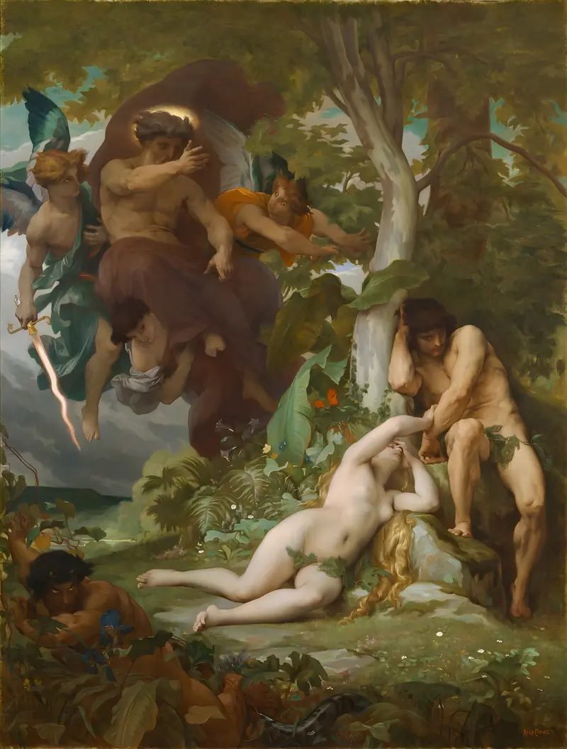 A depiction of Adam and Eve being expelled from Eden, showcasing their despair and the angel's judgment.