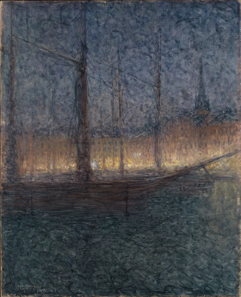 Evening in Kornhamnstorg, Stockholm by Eugène Jansson, oil painting depicting a city at dusk.
