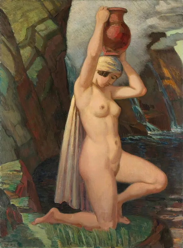 A serene depiction of a water carrier in a tranquil setting.