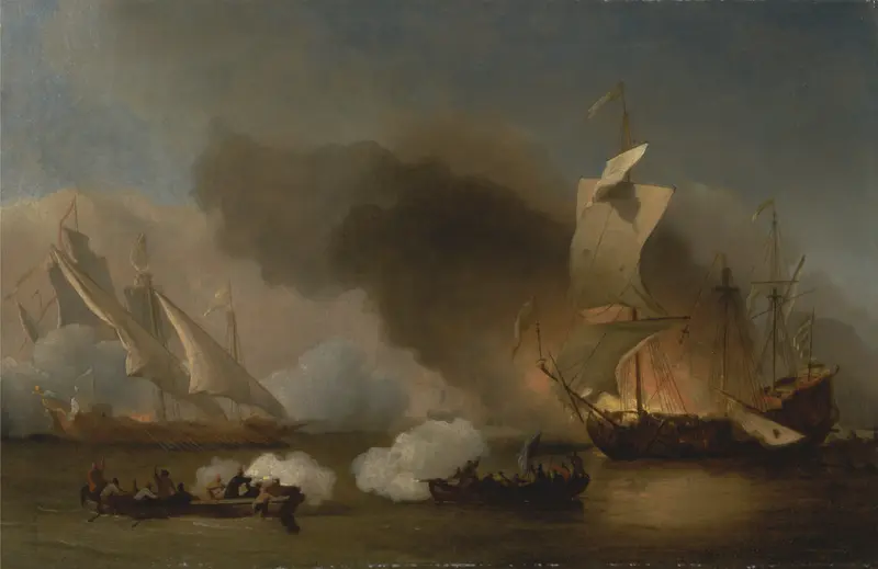 Marine scene with ships in battle, oil painting by Willem van de Velde the Younger