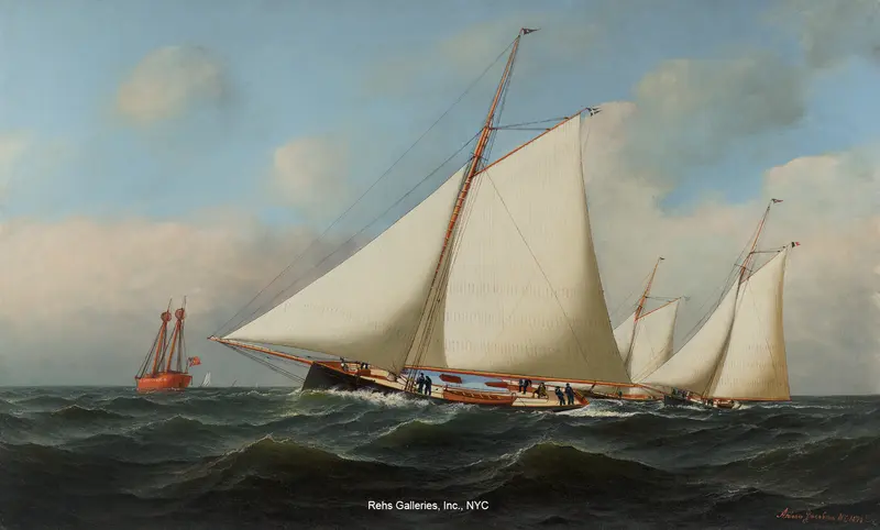 A lead yacht with white sails racing through a green-black sea, with crew members focused on their tasks.