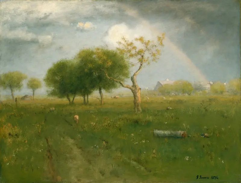 Oil painting by George Inness depicting a serene landscape after a summer shower.