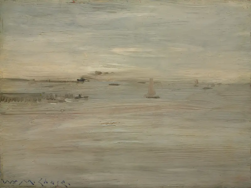 Marine by William Merritt Chase, oil painting depicting a serene seascape with water and sunset.