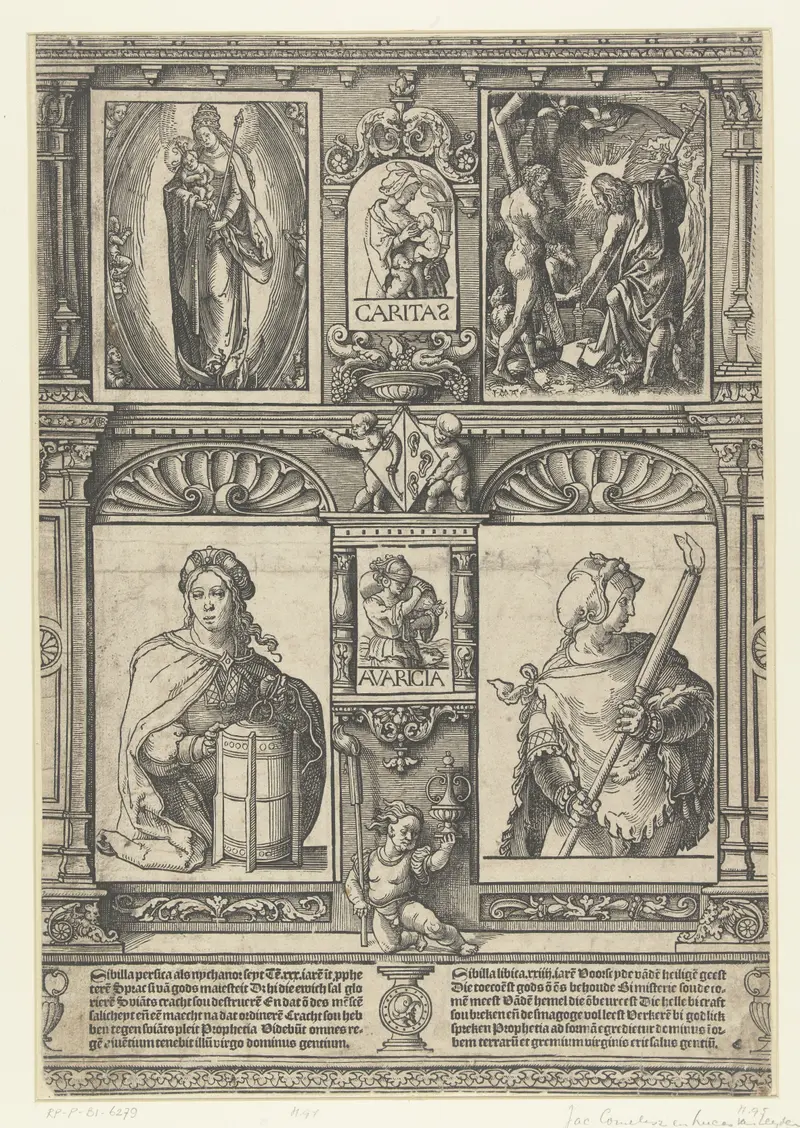 Blad met twee Sibyllen en twee bijbelse scènes, paper by Jacob Cornelisz van Oostsanen