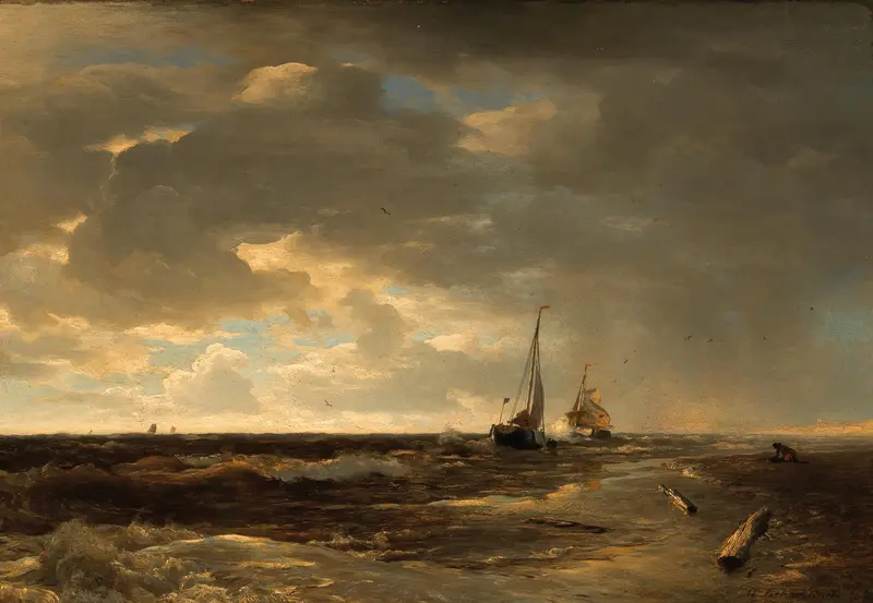 Fishing Boats on a Choppy Sea, oil painting by Andreas Achenbach depicting boats battling stormy waves.