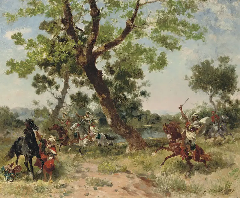 Historical scene of raiders in dynamic movement by Georges Washington, oil painting