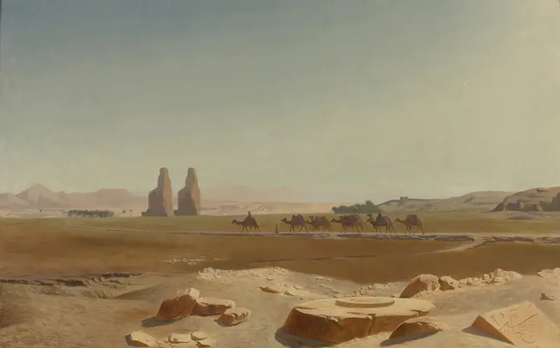 Caravan Passing The Colossi Of Memnon, Thebes, oil on canvas by Jean-Léon Gérôme
