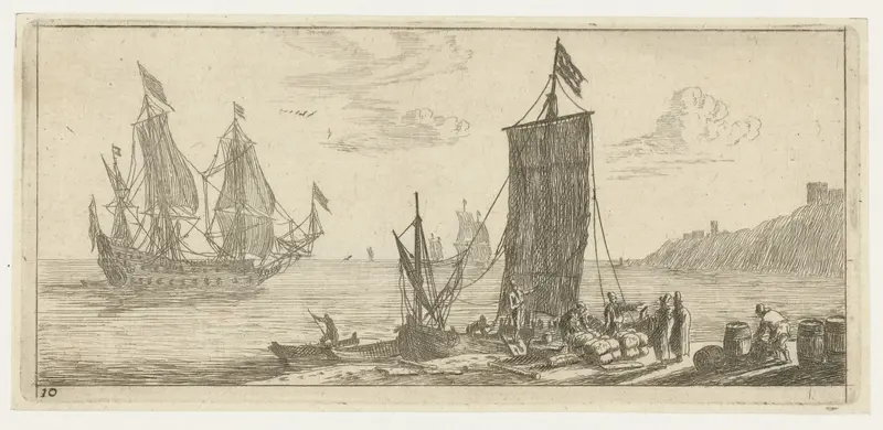 Etching by Reinier Nooms depicting a warship in a bay with reflections.