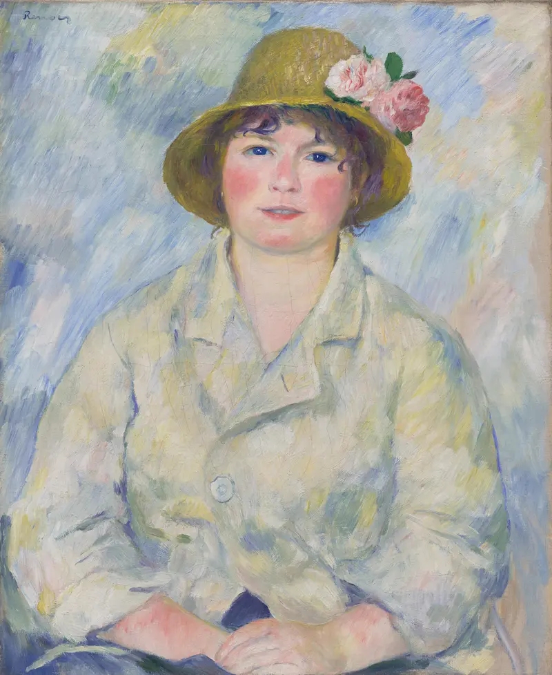 A woman wearing a straw hat with two large pink roses sits facing forward against a swirling blue and lavender background.