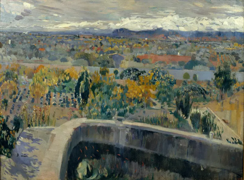 The New Pond by Joaquin Mir Trinxet, oil on canvas depicting a tranquil pond reflection.