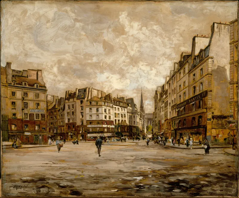 Landscape of La Place Maubert by Emmanuel Lansyer, oil painting depicting a village street.
