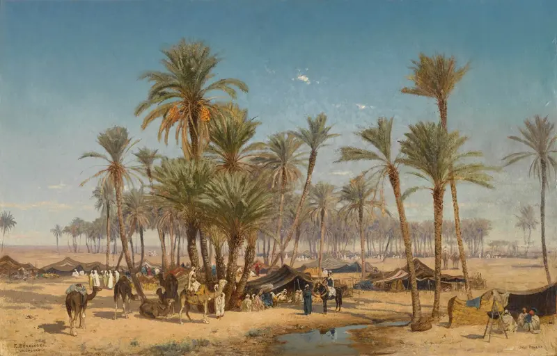 The Oasis, Biskra by Edmund Berninger, oil on canvas depicting a tranquil oasis.