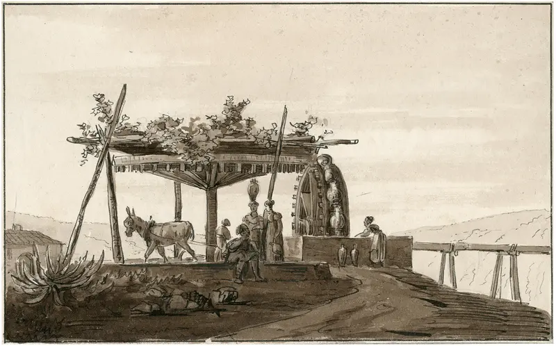 Genre scene depicting a water well with intricate wheelwork by Otto Howen
