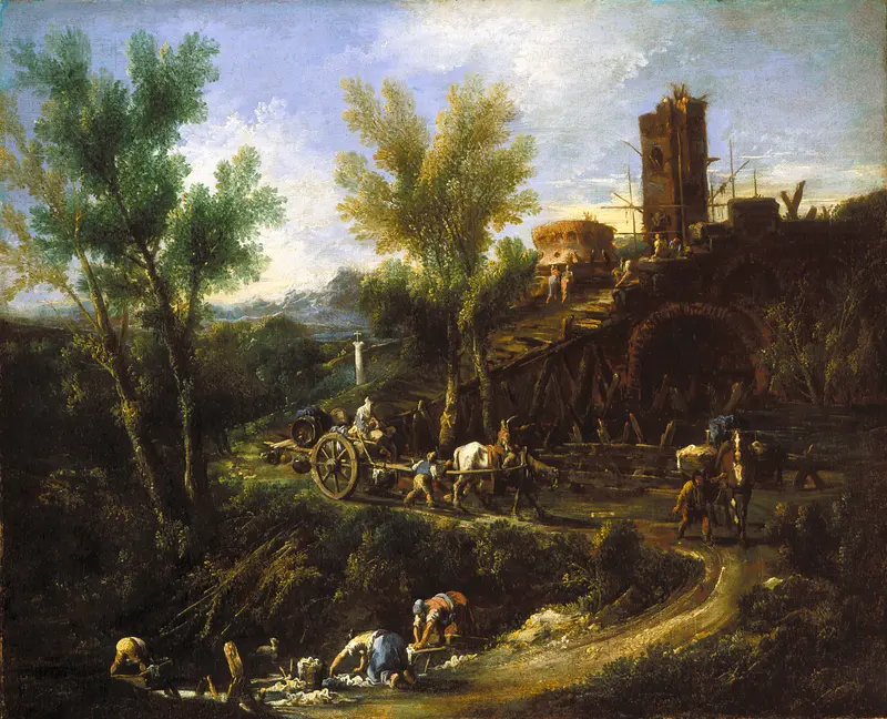 Landscape with Gypsies and Washerwomen, oil on canvas by Alessandro Magnasco