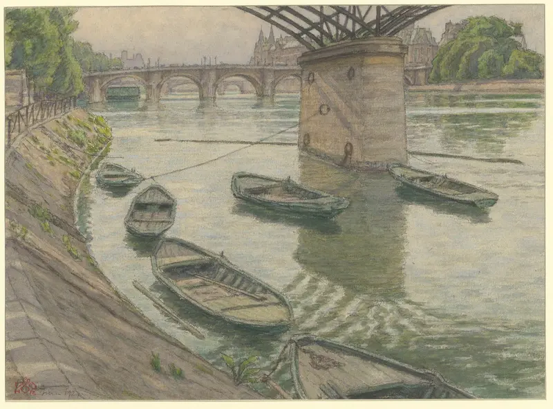Lithograph by Henri Rivière depicting the Seine and the Louvre at dusk.