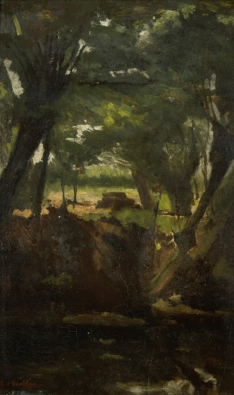 View in the Woods, oil painting by George Hendrik Breitner, depicting sunlight filtering through a forest.