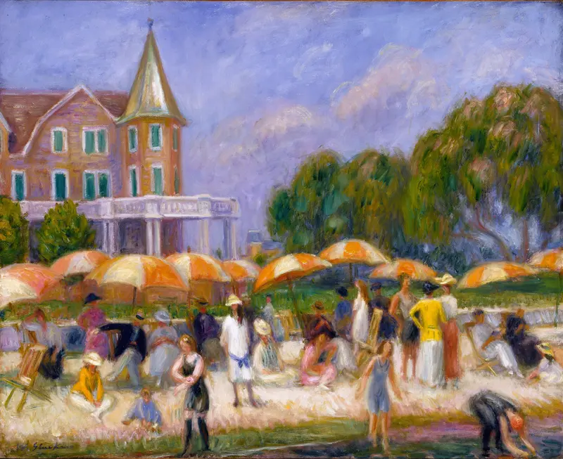 Beach scene with colorful umbrellas on sand by William James Glackens, oil painting