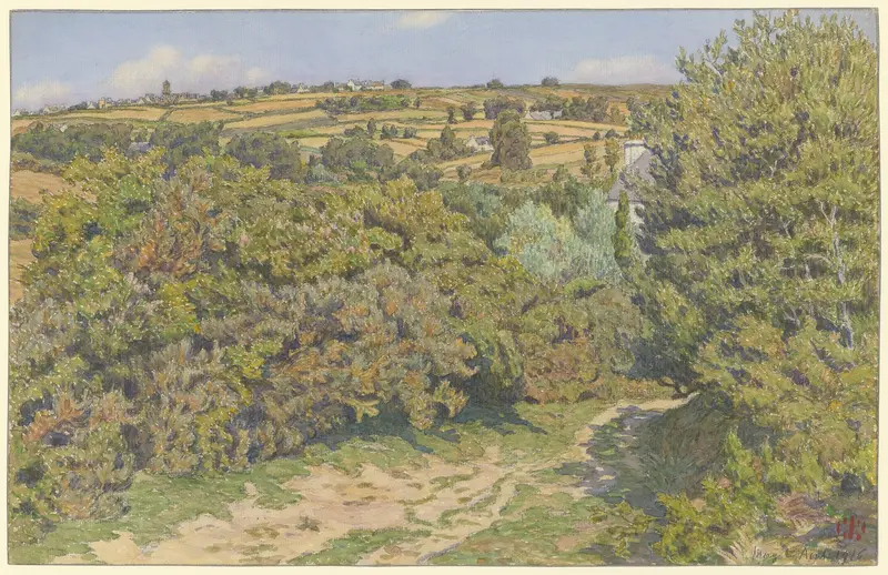 Watercolour by Henri Rivière depicting a tranquil seaside landscape with gentle waves.
