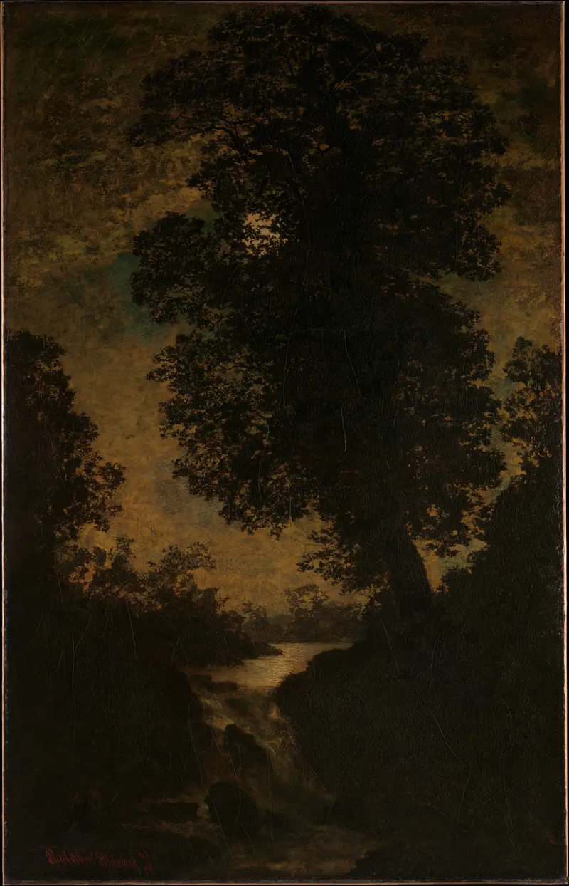 A Waterfall, Moonlight by Ralph Albert Blakelock, oil painting depicting a waterfall illuminated by moonlight.