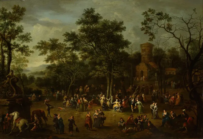 Genre scene depicting a lively park celebration by Franz de Paula Ferg.