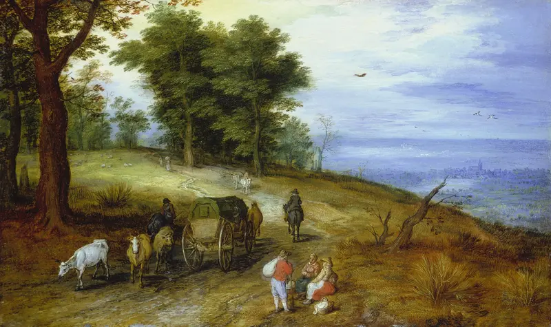 Wooded landscape with figures, oil on panel by Jan Brueghel the Elder