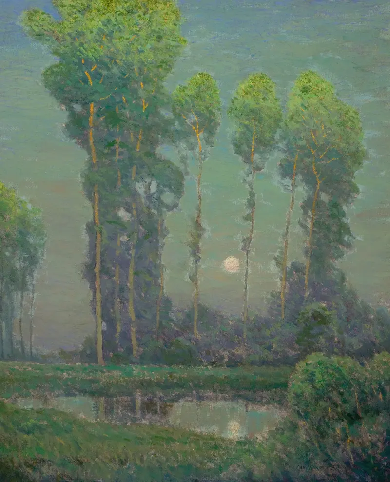 Moonrise Montigny by Charles Warren Eaton, oil painting depicting a tranquil landscape with a moonrise and water.