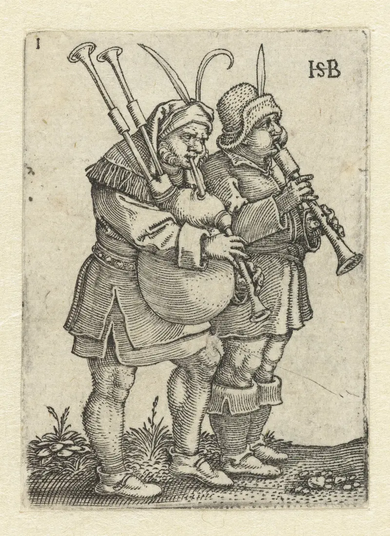 Engraving by Hans Sebald Beham depicting two musicians with a shawm and bagpipe