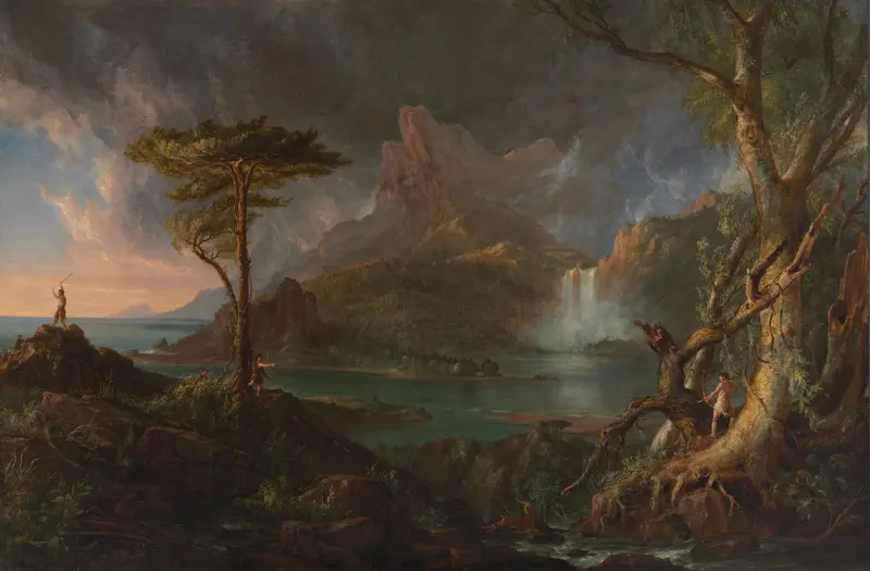 A Wild Scene by Thomas Cole, oil painting depicting a vibrant landscape with cliffs and foliage.
