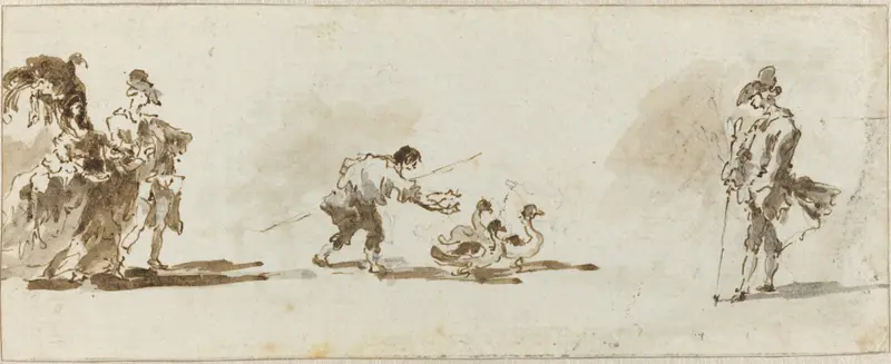 An Elegant Couple, a Gooseboy and a Gentleman by Francesco Guardi depicts a charming scene of social interaction.