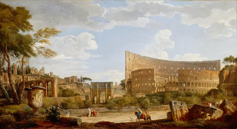 View Of The Colosseum by Giovanni Paolo Panini, oil on canvas depicting ancient architecture